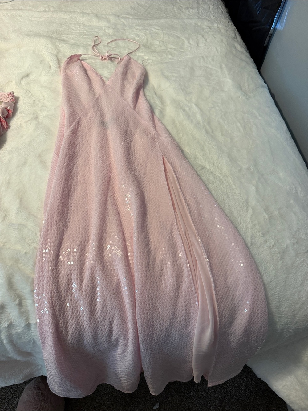 Bardot Blush Pink Sequin Halter Evening Gown